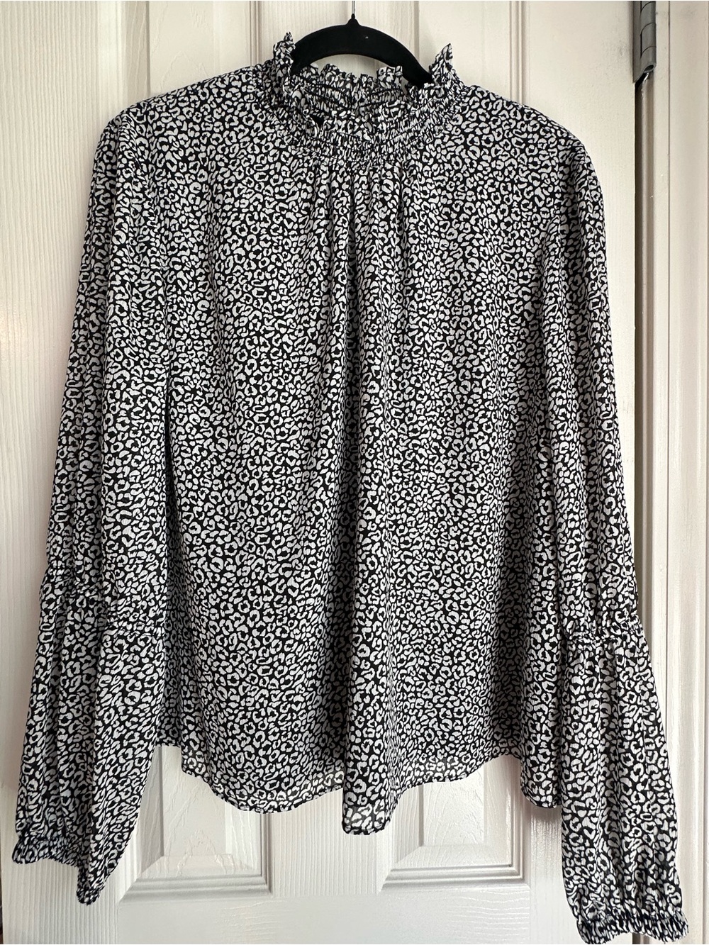 The Limited Black and White Leopard Smocked Ruffle Blouse